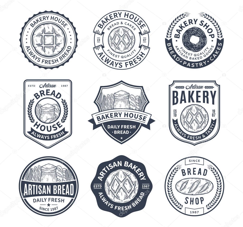 Vector bakery and bread logo, icons and design elements. Fresh bread and pastry badge templates
