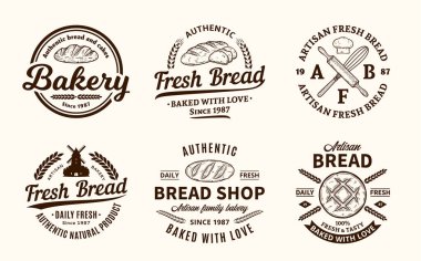 Vektör fırını ve ekmek vintage logosu, rozetler ve simgeler seti