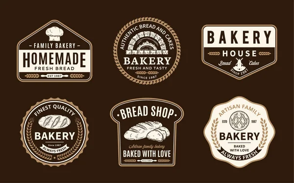 Bäckerei Und Brotlogo Symbole Und Designelemente Isoliert Auf Dunklem Hintergrund — Stockvektor
