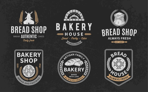 Bakery and bread logo, icons and design elements on a dark background