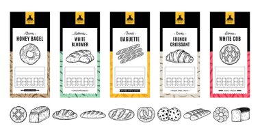 Pastanenin fiyat etiketleri. Ekmek etiketleri ve ambalaj tasarım şablonları. Vektör fırın çizimleri ve desenleri