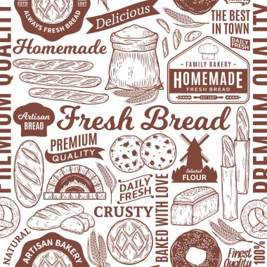 Typographic vektör ekmek ve fırın dikişsiz kalıp veya arka plan. Ekmek ve fırın çizimleri, fırın ürünleri sıralama ve kimlik için vektör gıda simgeleri