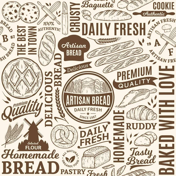 タイポグラフィベクトルパンやパン屋シームレスなパターンや背景 パンやパンのイラスト 焼き菓子のベクトルフードのアイコンとアイデンティティ — ストックベクタ