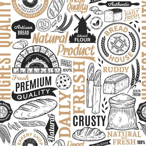 字体矢量面包和面包店无缝图案或背景 面包和面包店图解 烘焙食品的病媒食品图标和标识 — 图库矢量图片