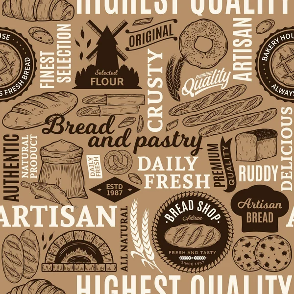 タイポグラフィベクトルパンやパン屋シームレスなパターンや背景 パンやパンのイラスト 焼き菓子のベクトルフードのアイコンとアイデンティティ — ストックベクタ