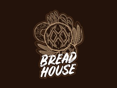 Koyu bir arka planda vektör fırın çizimi. Fırın tasarım şablonu fırınlanmış ürünler markalaştırma ve paketleme için. Ekmek çizimleri