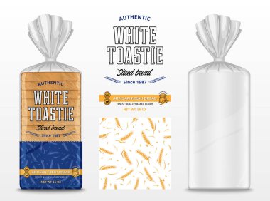 Vektör ekmek paketi tasarımı. Şeffaf plastik paket modeli. Ekmek ve fırın markalaştırma ve kimlik tasarım ögeleri