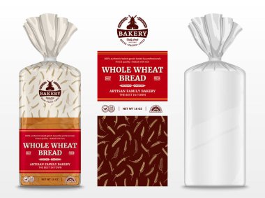 Vector bread package design. Transparent plastic bag package mockup. Bread and bakery branding and identity design elements