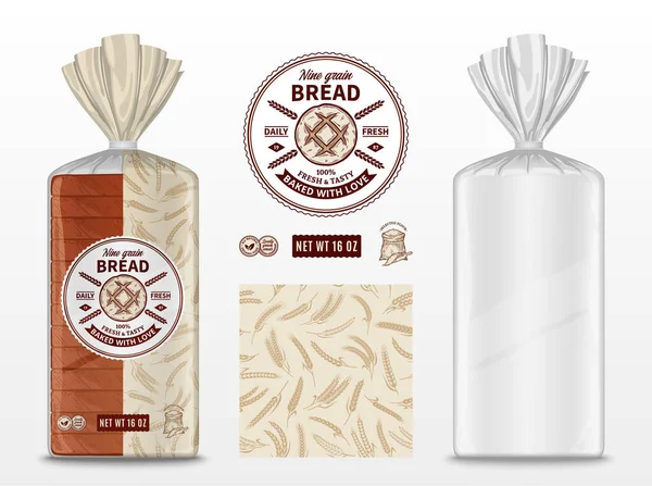 Vector Bread Package Design Transparent Plastic Bag Package Mockup Bread — Stockvektor