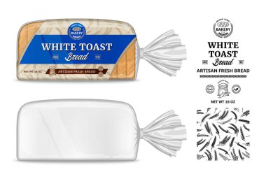 Vector bread packaging and horizontal label design. Transparent plastic bag packaging mockup