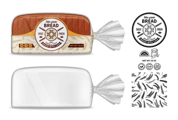 Vector Bread Packaging Design Transparent Plastic Bag Packaging Mockup — Stock vektor