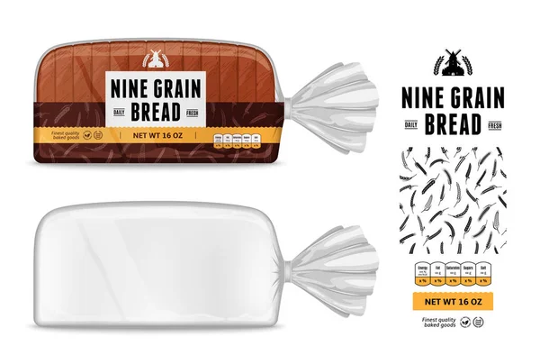 Vector Bread Packaging Horizontal Label Design Transparent Plastic Bread Packaging — Stock vektor