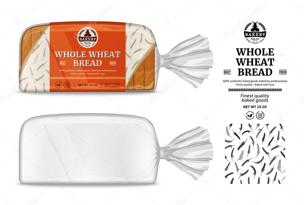 Vector bread packaging and horizontal label design. Transparent plastic bag packaging mockup