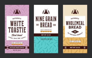Bread labels in modern style. Vector bakery illustrations and cereal crops patterns