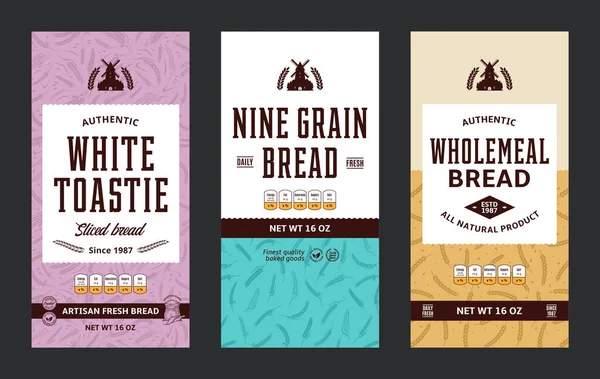 Bread Labels Modern Style Vector Bakery Illustrations Cereal Crops Patterns — Stock vektor