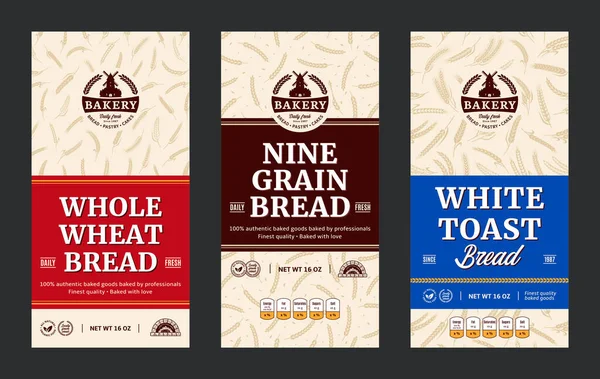 Bread Labels Modern Style Vector Bakery Illustrations Cereal Crops Patterns — ストックベクタ