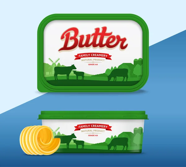 子牛や農場とバターパッケージデザイン バター マーガリン スプレッド用のプラスチック製容器モックアップ — ストックベクタ