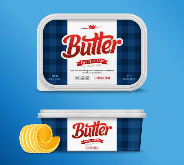 バターパッケージデザイン バター マーガリン スプレッド用のプラスチック製容器モックアップ — ストックベクタ