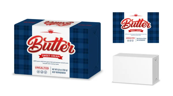 バターパッケージデザイン バター マーガリン又はスプレッド用の白い紙又は箔包装 — ストックベクタ