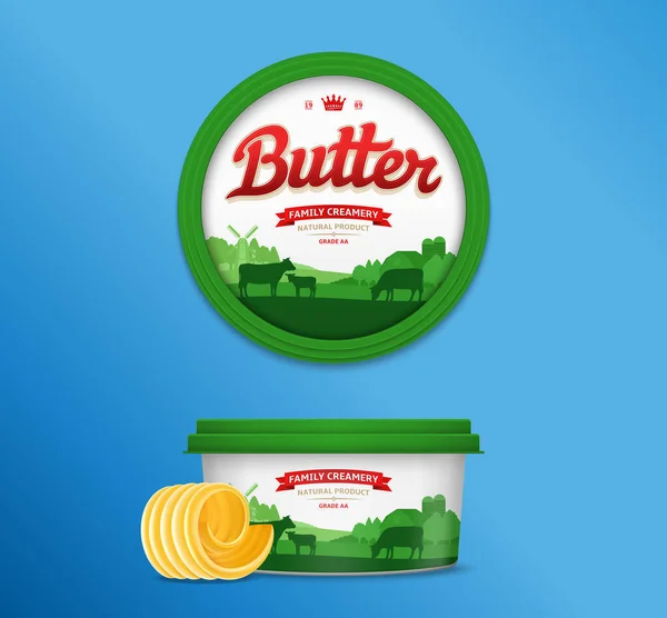 子牛や農場とバターパッケージデザイン バター マーガリン スプレッド用のプラスチック製の丸形容器モックアップ — ストックベクタ
