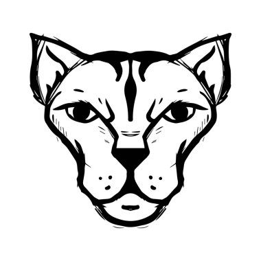 Beyaz arka planda kaplan kafası çizen bir baş kedi tasviri.