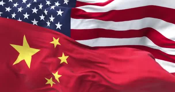 Σημαίες Της Κίνας Και Των Ηνωμένων Πολιτειών Της Αμερικής Κυματίζουν — Αρχείο Βίντεο