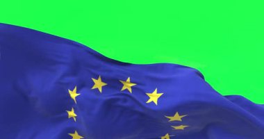 Avrupa Birliği bayrağının rüzgarda sallanışının ayrıntıları. Ekonomi ve Finans Topluluğu. Politika ve Ekonomi. Uluslar arası siyasi hükümet. Yeşil ekranda krom anahtar