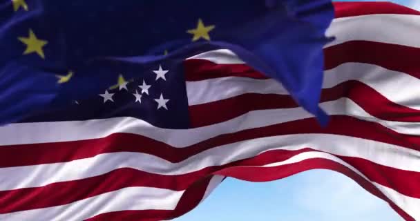 National Flag United States America Waving Wind European Union Flag — Stock Video