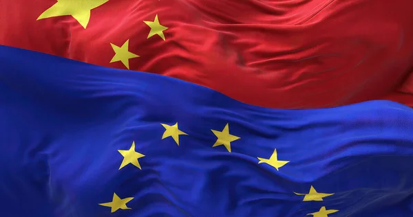 欧盟和中国的旗帜摇曳着 国际关系和外交 — 图库照片