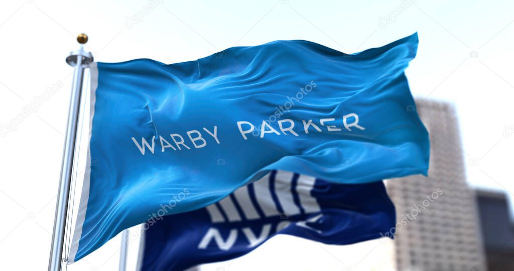 New York, USA, Sept 29 2021: Flags of Warby Parker and NYSE flying in the wind. Warby Parker is an American online retailer of eyeglasses. on Sept 2021 WP went public on the NYSE via a direct listing