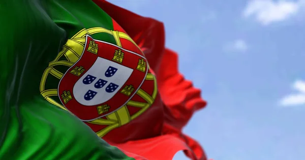 Detail National Flag Portugal Waving Wind Clear Day Democracy Politics — стоковое фото