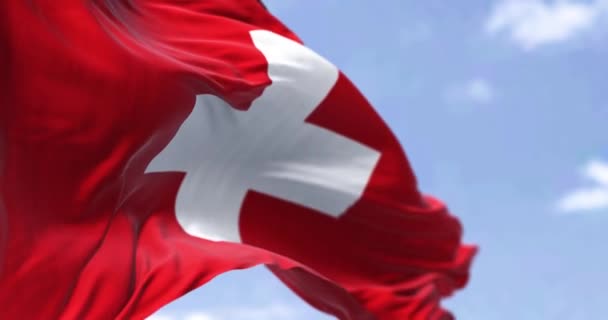 Detail National Flag Switzerland Waving Wind Clear Day Democracy Politics — Vídeos de Stock