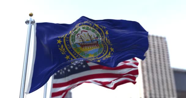Flag State New Hampshire Waving Wind American Flag Blurred Background — Vídeo de Stock