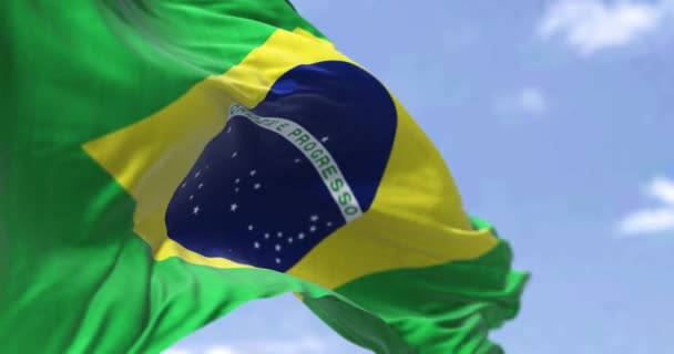 Detailní Záběr Brazilskou Národní Vlajku Vlnící Větru Jasného Dne Demokracie — Stock video