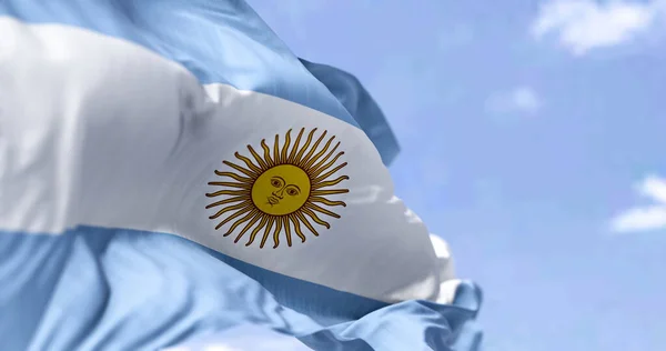 Detaljerad Närbild Den Nationella Flaggan Argentina Vinkar Vinden Klar Dag — Stockfoto