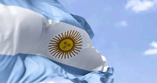 Gros Plan Détaillé Drapeau National Argentine Agitant Vent Par Temps — Photo