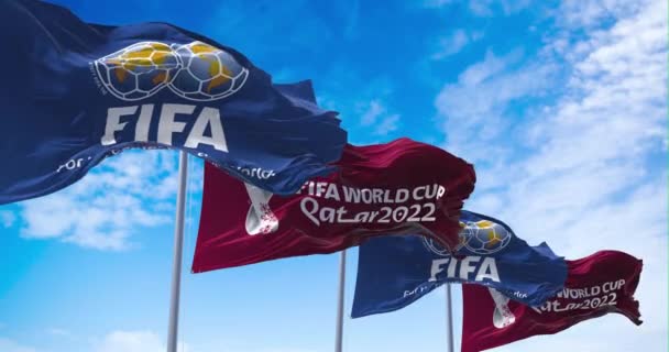 Doha Qatar Enero 2022 Banderas Con Logotipo Copa Mundial Fifa — Vídeo de stock