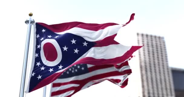 Flag State Ohio Waving Wind American Flag Blurred Background Ohio — Vídeo de Stock