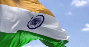 Detailed close up of the national flag of India waving in the wind on a clear day. Democracy and politics. South Asian country. Selective focus. Seamless Slow motion