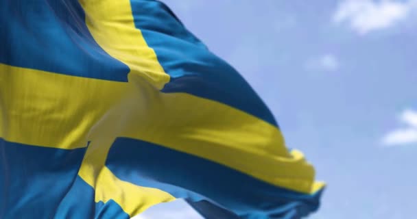 Detail National Flag Sweden Waving Wind Clear Day Democracy Politics — Stockvideo