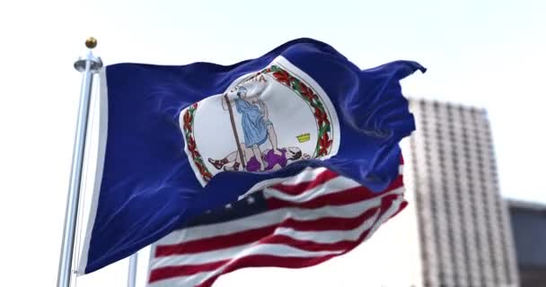バージニア州の旗が風になびくアメリカ国旗が背景にぼやけています バージニアは1788年6月25日に合衆国第10番目の州として加盟した — ストック動画