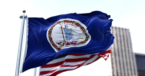 Flaga Amerykańskiego Stanu Virginia Machająca Wietrze Zamazaną Flagą Amerykańską Tle — Zdjęcie stockowe