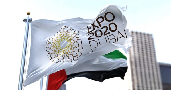 Dubai Emiratos Árabes Unidos Enero 2022 Bandera Expo 2020 Ondeando — Foto de Stock