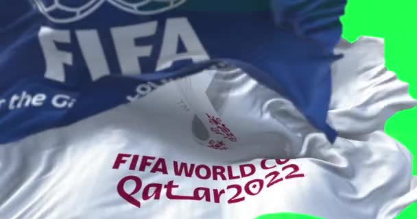 2022年1月 卡塔尔多哈 悬挂国际足联和卡塔尔2022世界杯标志的旗帜在绿色背景的风中飘扬 活动定于2022年11月21日至12月18日在卡塔尔举行 — 图库视频影像