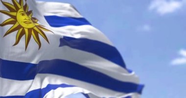 Uruguay bayrağının açık havada rüzgarda dalgalanmasının ayrıntıları. Demokrasi ve politika. Patriotism.outh American Country. Seçici odaklanma. Kusursuz Ağır çekim