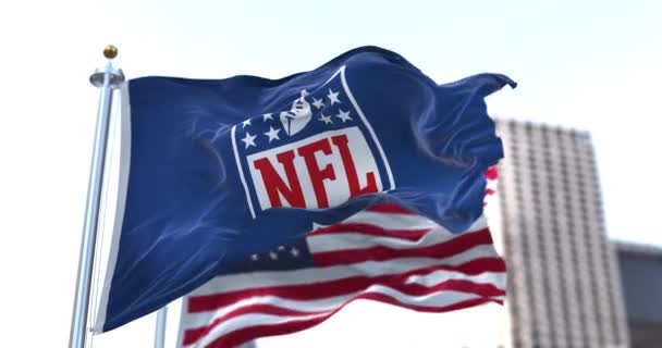 イングルウッド 2022年1月 Nflのロゴが風になびく旗と 米国の国旗が背景にぼやけています ナショナルフットボールリーグ National Football League アメリカのプロサッカーリーグ — ストック動画