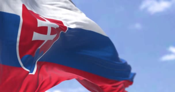 晴れた日に風に振ってスロバキアの国旗の詳細 民主主義と政治 中央ヨーロッパの国 愛国心 選択的フォーカス シームレスなスローモーション — ストック動画