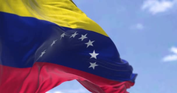 ベネズエラの国旗の詳細は 晴れた日に風に振っている 民主主義と政治 愛国心 選択的フォーカス 南アメリカの国 シームレスなスローモーション — ストック動画