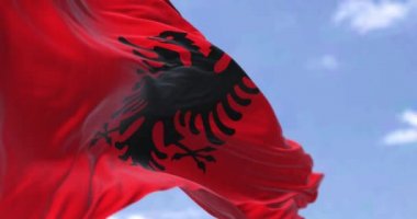 Açık bir günde rüzgarda dalgalanan Arnavutluk bayrağının ayrıntıları. Demokrasi ve politika. Vatanseverlik. Avrupa ülkesi. Seçici odaklanma. Güneydoğu Avrupa ülkesi. Kusursuz ağır çekim