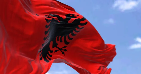 Açık Bir Günde Rüzgarda Dalgalanan Arnavutluk Bayrağının Ayrıntıları Demokrasi Politika — Stok fotoğraf